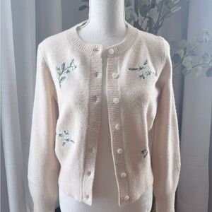 aerie Soft Cream Embroidered Button-Up Cardigan Sweater
